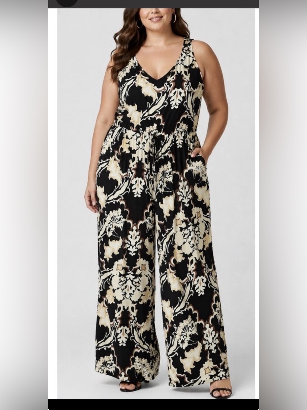 Lane Bryant Black Floral Print Wide-Leg Jumpsuit EUC